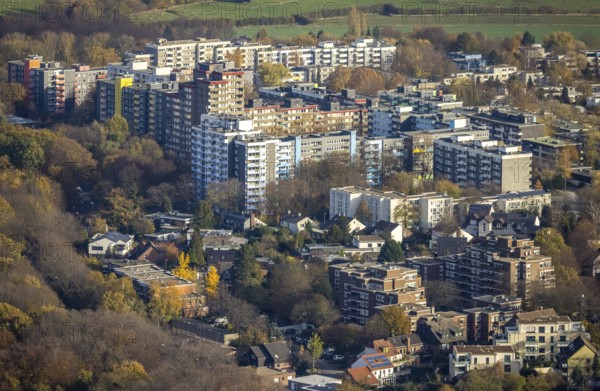 Student halls of residence Hustadt, an der Ruhr-Universität Bochum, Querenburg, Bochum, Ruhr area, North Rhine-Westphalia, Germany, DE, Europe, property tax, high-rise buildings, Hustadtring, real estate, aerial view, aerial photograph, aerial photography, aerial photography, overview, bird's-eye view, housing estate, living and living, residential area, residential buildings, quality of living, residential neighbourhood, housing estate, birds-eyes view, overview