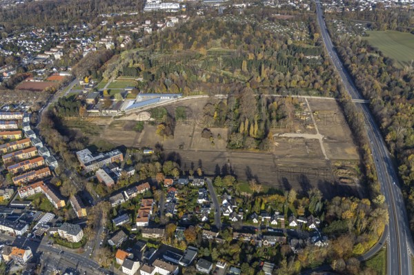 Feldmark brownfield site, planned Ostpark neighbourhood with around 600 flats, Sheffield-Ring, Altenbochum, Bochum, Ruhr area, North Rhine-Westphalia, Germany, construction site, DE, Europe, aerial view, aerial photography, aerial photography, aerial photography, exhibition grounds, overview, bird's-eye view, overview