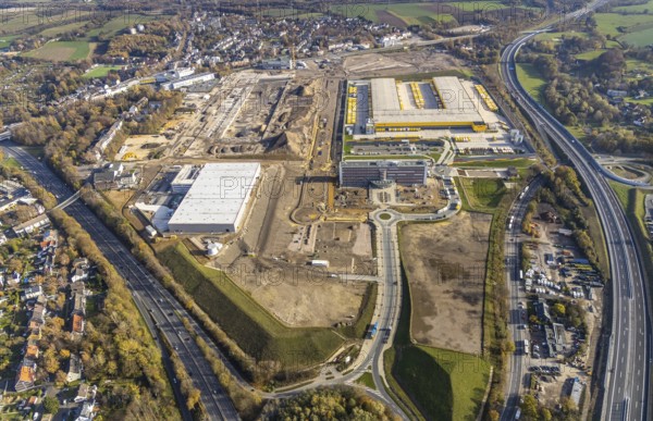 Construction site, new construction DHL Logistik, office address office 51Â°7, office building Goldbeck, former Opel site, former Opel administration building, Laer, Bochum, North Rhine-Westphalia, Germany, expansion areas, construction work, building plots, construction measure, DE, monument protection, earthworks, renewal, development, Europe, commercial enterprises, commercial area, commercial park, commercial location, commercial use, freight traffic, industrial area, industrial building, industrial location, capacity requirements, logistics, logistics service, logistics service provider, logistics provider, logistics centre, aerial view, aerial photograph, aerial photography, aerial photography, MARK 51°7, Mark 51/7, Opelring, Ruhr area, freight forwarding, transport, transport service, overview, bird's-eye view, growth, becoming and growing, birds-eyes view, overview