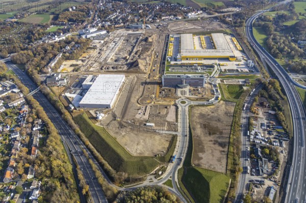 Construction site, new construction DHL Logistik, office address office 51°7, office building Goldbeck, former Opel site, former Opel administration building, Laer, Bochum, North Rhine-Westphalia, Germany, expansion areas, construction work, building plots, construction measure, DE, monument protection, earthworks, renewal, development, Europe, commercial enterprises, commercial area, commercial park, commercial location, commercial use, freight traffic, industrial area, industrial building, industrial location, capacity requirements, logistics, logistics service, logistics service provider, logistics provider, logistics centre, aerial view, aerial photograph, aerial photography, aerial photography, MARK 51°7, Mark 51/7, Opelring, Ruhr area, freight forwarding, transport, transport service, overview, bird's-eye view, growth, becoming and growing, birds-eyes view, overview