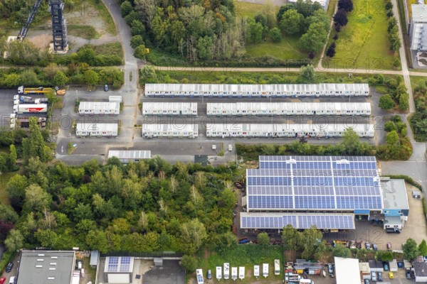 Aerial view, refugee accommodation at the former Holland colliery, Leithe, Bochum, Ruhr area, North Rhine-Westphalia, Germany, Bochum-Wattenscheid, DE, Former Holland colliery, Emil-Weitz-Straße, Europe, refugees, aerial view, aerial photography, aerial photography, Plan B Ruhr e.V., Wattenscheid district, overview, bird's-eye view, Wattenscheid, residential containers, birds-eyes view, overview