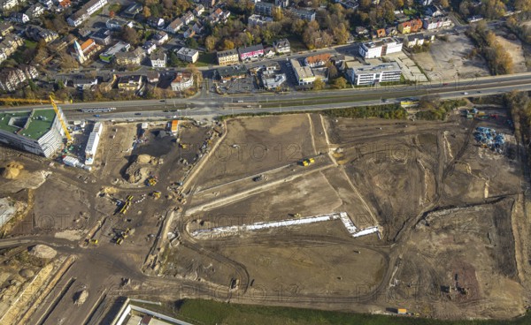 New construction DHL Logistik, former Opel site, former Opel administration building, construction site Hans-Dobbertin-Straße, Suttner-Nobel-Allee, Laer, Bochum, North Rhine-Westphalia, Germany, expansion areas, construction work, building plots, construction measure, DE, monument protection, earthworks, renewal, development, Europe, commercial enterprises, commercial area, commercial park, commercial site, commercial use, freight traffic, industrial area, industrial building, industrial location, capacity requirements, logistics, logistics service, logistics service provider, logistics provider, logistics centre, aerial view, aerial photograph, aerial photography, aerial photography, MARK 51°7, Mark 51/7, Opelring, Ruhr area, freight forwarding, transport, transport service, overview, bird's-eye view, growth, becoming and growing, birds-eyes view, overview