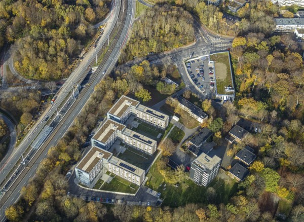 AKAFÖ student residences, Laerheidestraße, Querenburg, Bochum, Ruhr area, North Rhine-Westphalia, Germany, Akademisches Förderungswerk, DE, Europe, property tax, real estate, aerial view, aerial photography, aerial photography, aerial photography, overview, bird's-eye view, residential complex, housing and living, residential area, residential buildings, quality of living, residential neighbourhood, housing estate, birds-eyes view, overview