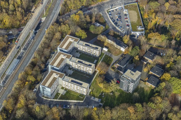 AKAFÖ student residences, Laerheidestraße, Querenburg, Bochum, Ruhr area, North Rhine-Westphalia, Germany, Akademisches Förderungswerk, DE, Europe, property tax, real estate, aerial view, aerial photography, aerial photography, aerial photography, overview, bird's-eye view, residential complex, housing and living, residential area, residential buildings, quality of living, residential neighbourhood, housing estate, birds-eyes view, overview