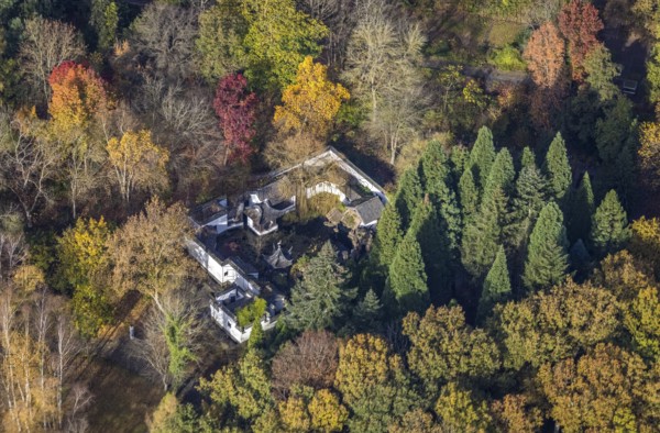 Botanical Garden, Chinese Garden, Universitätsstraße, Querenburg, Bochum, Ruhr Area, North Rhine-Westphalia, Germany, DE, Europe, Garden, Scholar's Garden, autumn colours, aerial view, aerial photograph, aerial photography, aerial photography, mixed forest, park, overview, bird's eye view, forest area, birds-eyes view, overview