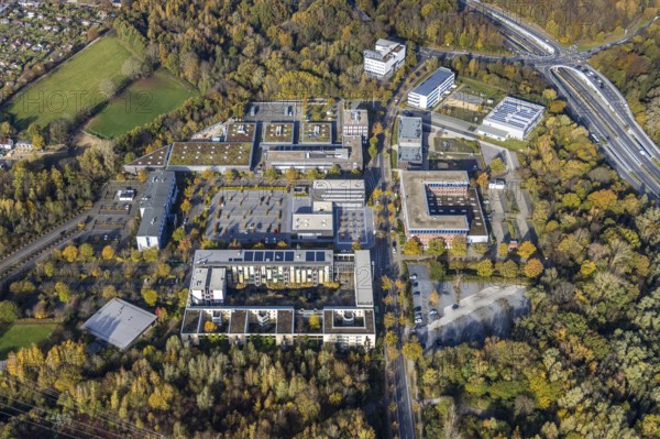 Springorum industrial area, Carolinenschule Bochum, EBZ Business School, Kreishandwerkerschaft Bochum, Weitmar, Bochum, Ruhr area, North Rhine-Westphalia, Germany, education, educational institution, DE, Europe, commercial enterprises, commercial area, commercial area, commercial park, commercial location, commercial use, industrial area, industrial building, industrial location, educational institute, aerial view, aerial photograph, aerial photography, aerial photography, school, Springorumallee, overview, bird's eye view, birds-eyes view, overview
