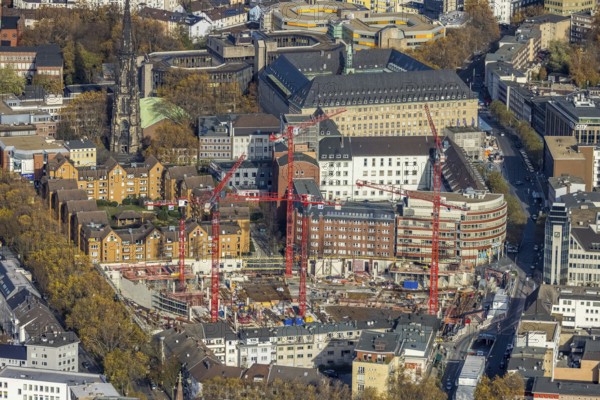 Construction site and new construction for three-part commercial building complex Viktoria Karree, Viktoriastraße, former justice centre, RuhrCongress Bochum Verwaltungs-GmbH, Gleisdreieck, Bochum, Ruhr area, North Rhine-Westphalia, Germany, construction work, construction vehicles, construction area, construction site, building plots, construction crane, construction project, construction project, construction site, authority, DE, Europe, aerial view, aerial photograph, aerial photography, aerial photography, new building, Bochum town hall, overview, Viktoria Karree, bird's eye view, birds-eyes view, overview