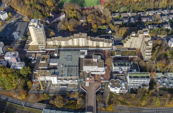 Uni-Center Bochum, Ruhr-Universität Bochum, RUB, Querenburg, Bochum, Ruhr area, North Rhine-Westphalia, Germany, construction crane, education, educational institution, DE, shopping square, shopping centre, Europe, educational institute, aerial view, aerial photography, aerial photography, local supply centre, Querenburger Höhe, shopping centre, overview, university, Universitätsstraße, bird's eye view, birds-eyes view, overview