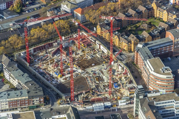Construction site and new building for three-part commercial building complex Viktoria Karree, Viktoriastraße, former justice centre, RuhrCongress Bochum Verwaltungs-GmbH, Gleisdreieck, Bochum, Ruhr area, North Rhine-Westphalia, Germany, construction work, construction vehicles, construction area, construction site, building plots, construction crane, construction measure, construction project, construction site, DE, Europe, aerial view, aerial photograph, aerial photography, aerial photography, new building, overview, Viktoria Karree, bird's eye view, birds-eyes view, overview