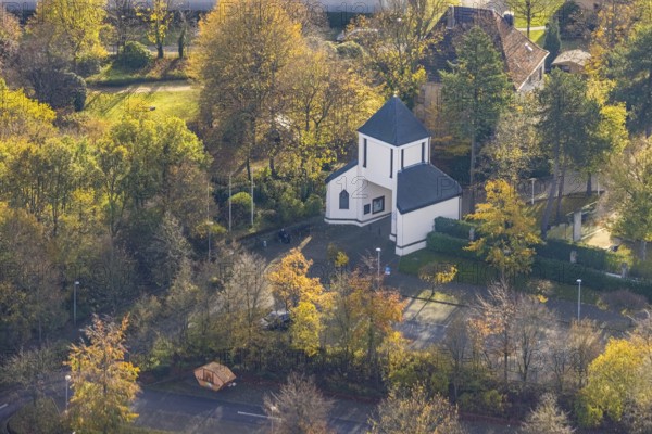 Chapel at the Cistercian monastery Bochum-Stiepel, Stiepel, Bochum, Ruhr area, North Rhine-Westphalia, Germany, Am Varenholt, place of worship, café, DE, food and drink, Europe, inn, gastronomy, religious community, holy place, chapel, Stiepel monastery, denomination, aerial view, aerial photograph, aerial photography, aerial photography, priory of the Heiligenkreuz monastery, religious site, restaurant, overview, bird's eye view, birds-eyes view, overview