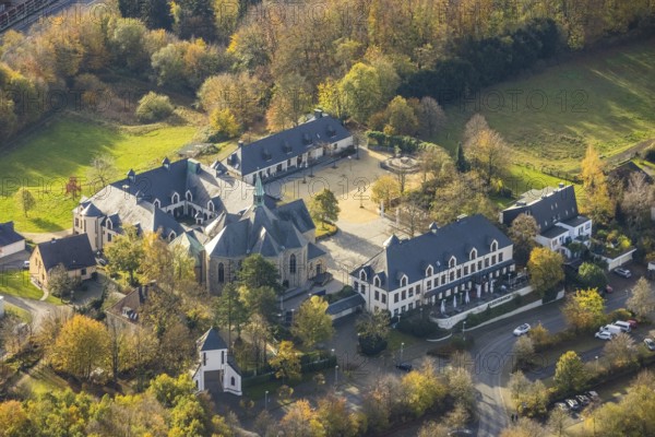 Cistercian monastery Bochum-Stiepel, Restaurant Klosterhof, Stiepel, Bochum, Ruhr area, North Rhine-Westphalia, Germany, Am Varenholt, place of worship, café, DE, food and drink, Europe, inn, gastronomy, religious community, holy place, chapel, Stiepel monastery, denomination, aerial view, aerial photograph, aerial photography, aerial photography, priory of the Heiligenkreuz monastery, religious site, restaurant, overview, bird's eye view, bird's eye view, overview