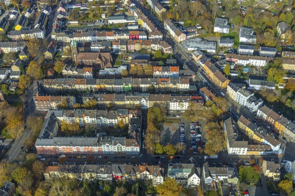 Residential area Amtsplatz, Prinzenstraße, Amtsstraße, Catholic Church of the Sacred Heart, Hamme, Bochum, Ruhr area, North Rhine-Westphalia, Germany, DE, Europe, property tax, real estate, aerial view, aerial photograph, aerial photography, aerial photography, overview, bird's-eye view, residential area, living and living, residential area, residential buildings, residential quality, residential neighbourhood, housing estate, birds-eyes view, overview