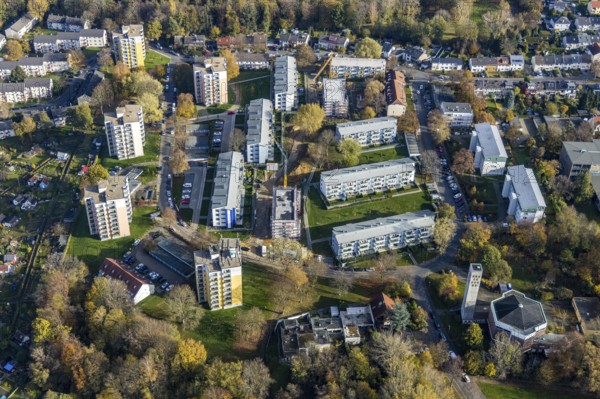 Housing estate Ennepestraße, construction site new building, evang. Johanneskirche, Kornharpen-Voede-Abzweig, Bochum, Ruhr area, North Rhine-Westphalia, Germany, place of worship, DE, Europe, religious community, place of worship, property tax, holy place, high-rise buildings, real estate, church, church community, denomination, aerial view, aerial photograph, aerial photography, aerial photography, multi-family houses, terraced houses, religion, religious site, overview, bird's-eye view, housing estate, living and life, residential area, residential houses, quality of life, residential neighbourhood, housing estate, birds-eyes view, overview