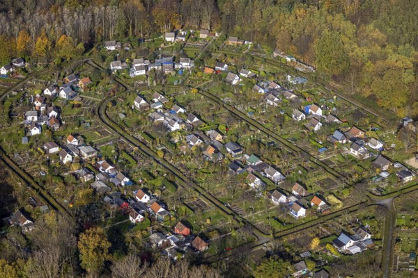 Allotment garden association Rottmannshof e.V., Harpener Heide, Bochum, North Rhine-Westphalia, Germany, DE, design, relaxation, recreation, Europe, shapes and colours, leisure, community garden, allotment garden, allotment garden site, allotment garden association, aerial view, aerial photograph, aerial photography, aerial photography, Ruhr area, allotment garden, overview, bird's eye view, birds-eyes view, green lung, overview