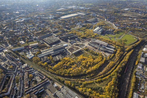 Westpark, Jahrhunderthalle Bochum, Kruppwerke, Bochum, Ruhr area, North Rhine-Westphalia, Germany, An der Jahrhunderthalle, DE, Europe, commercial enterprises, commercial area, commercial park, commercial location, commercial use, autumn colours, industrial area, industrial building, industrial location, culture, art, aerial view, aerial photograph, aerial photography, aerial photography, overview, events, event location, event venue, event centre, bird's eye view, birds-eyes view, former Bochum association, cultural use, overview