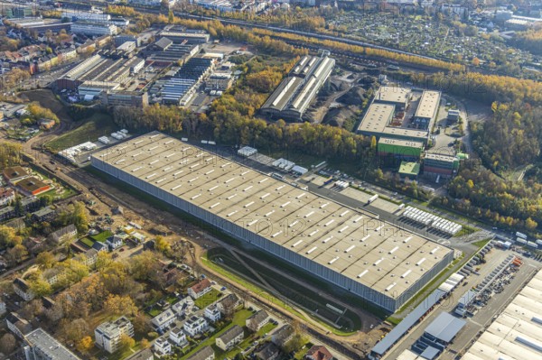 DSV Stuttgart GmbH freight forwarding service, Kruppwerke, Bochum, Ruhr area, North Rhine-Westphalia, Germany, DE, Europe, commercial enterprises, commercial area, commercial park, commercial location, commercial use, freight traffic, industrial area, industrial building, industrial location, logistics, logistics service, logistics service provider, logistics provider, logistics centre, aerial view, aerial photograph, aerial photography, aerial photography, freight forwarding, transport, transport service, overview, bird's-eye view, bird's-eye view, overview