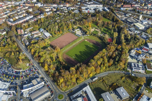 Park Hamme, sports field, playground and football ground Hammer Park, Hamme, Bochum, Ruhr area, North Rhine-Westphalia, Germany, DE, Europe, football field, football stadium, football club, aerial view, aerial photography, aerial photography, aerial photography, sports, sports facilities, sports venue, stadium, overview, bird's eye view, birds-eyes view, overview