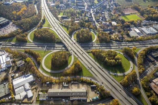 Motorway junction Bochum, A40 and A43, Harpen, Bochum, Ruhr area, North Rhine-Westphalia, Germany, motorway A40, motorway A43, motorway junction, DE, Europe, shapes and colours, aerial view, aerial photograph, aerial photography, aerial photography, overview, bird's-eye view, overview