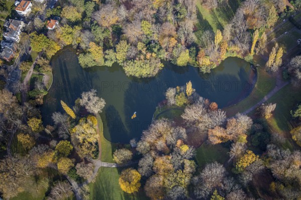 Pond in the municipal park, Grumme, Bochum, Ruhr area, North Rhine-Westphalia, Germany, DE, Europe, green trees, autumn colours, aerial view, aerial photograph, aerial photography, aerial photography, park, lake, pond, overview, bird's-eye view, overview