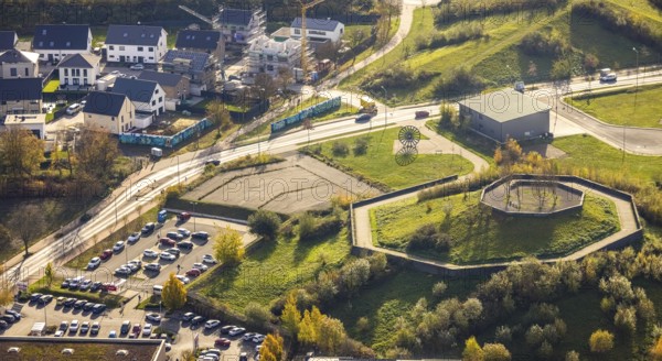 Hiltroper Höhe slagheap, Hiltroper Straße, Bochum, North Rhine-Westphalia, Germany, DE, design, Europe, shapes and colours, small Lothringen slagheap, aerial view, aerial photograph, aerial photography, aerial photography, Ruhr area, sight, overview, bird's eye view, birds-eyes view, former Lothringen colliery site, overview