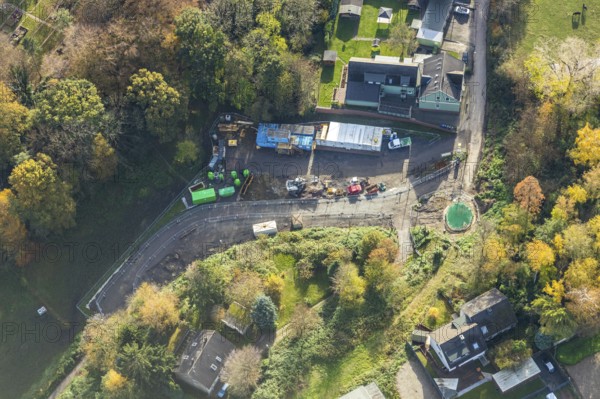 Construction site road construction Im Brennholt, Bergen, Bochum, Ruhr area, North Rhine-Westphalia, Germany, construction work, building, construction area, building site, building plots, construction project, construction site, DE, Europe, aerial view, aerial photograph, aerial photography, aerial photography, overview, bird's-eye view, overview