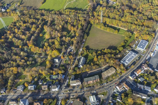 Palace gardens, Weitmar-Mark, Bochum, Ruhr area, North Rhine-Westphalia, Germany, DE, Europe, autumn colours, aerial view, aerial photograph, aerial photography, aerial photography, park, overview, bird's-eye view, forest area, birds-eyes view, green lung, overview