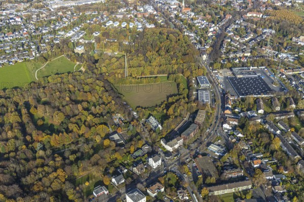 Palace gardens, Weitmar-Mark, Bochum, Ruhr area, North Rhine-Westphalia, Germany, DE, Europe, autumn colours, cube, aerial view, aerial photograph, aerial photography, aerial photography, park, overview, bird's-eye view, forest area, birds-eyes view, green lung, overview