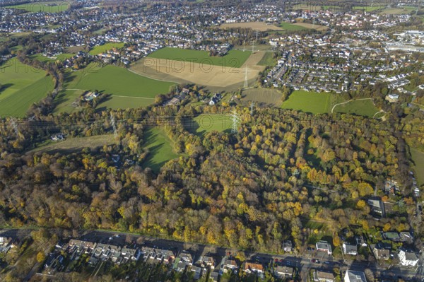 Weitmarer Holz, Weitmar-Mark, Bochum, Ruhr area, North Rhine-Westphalia, Germany, DE, Europe, autumn colours, aerial view, aerial photograph, aerial photography, aerial photography, overview, bird's-eye view, forest area, birds-eyes view, green lung, overview