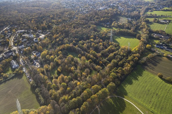 Weitmarer Holz, Weitmar-Mark, Bochum, Ruhr area, North Rhine-Westphalia, Germany, DE, Europe, autumn colours, aerial view, aerial photograph, aerial photography, aerial photography, overview, bird's-eye view, forest area, birds-eyes view, green lung, overview