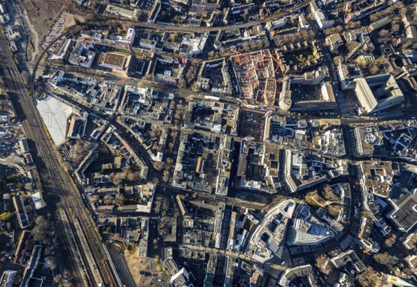Aerial view, vertical shot city centre with Kortumstraße and new justice centre, Gleisdreieck, Bochum, Ruhr area, North Rhine-Westphalia, Germany, DE, Europe, birds-eyes view, aerial view, aerial photography, aerial photography, overview, bird's eye view