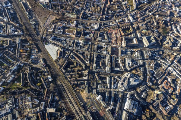 Aerial view, vertical shot city centre with Kortumstraße and new justice centre, Gleisdreieck, Bochum, Ruhr area, North Rhine-Westphalia, Germany, DE, Europe, birds-eyes view, aerial view, aerial photography, aerial photography, overview, bird's eye view