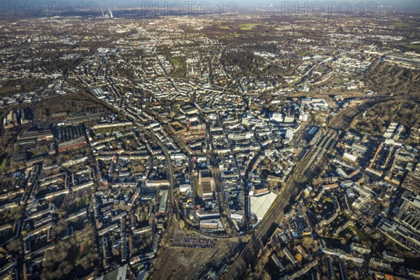 Aerial view, city overview Bochum from west with Gleisdreieck, Kortumstraße, Bermuda triangle, Bochum, Ruhr area, North Rhine-Westphalia, Germany, DE, Europe, birds-eyes view, aerial view, aerial photography, aerial photography, overview, bird's eye view