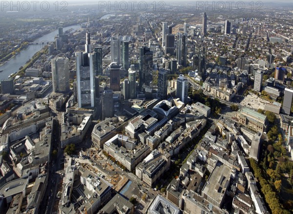 Frankfurt, skyline, skyscrapers, Deutsche Bank, DEU Germany Germany, Europe, aerial view, birds-eyes view, aerial photography, aerial photography, overview, overview, bird's eye view