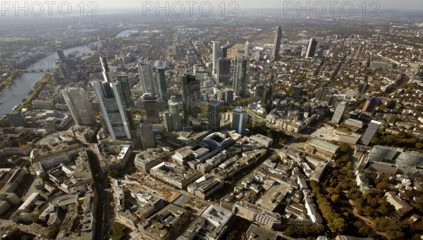 Frankfurt, skyline, skyscrapers, Deutsche Bank, DEU Germany Germany, Europe, aerial view, birds-eyes view, aerial photography, aerial photography, overview, overview, bird's eye view