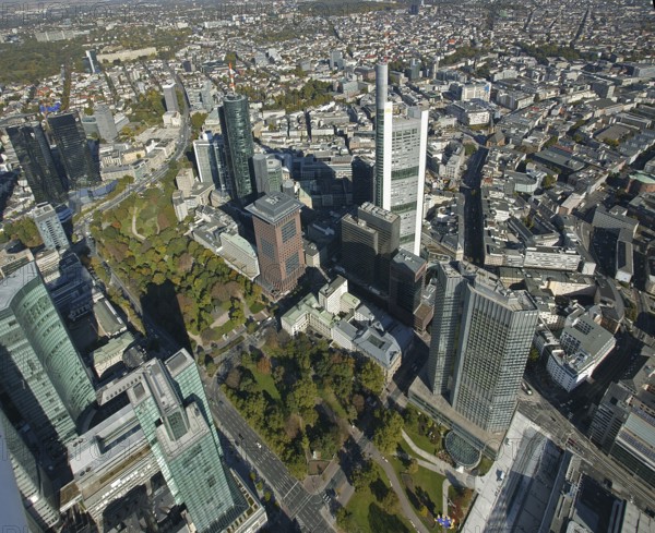 Frankfurt, skyline, skyscrapers, Deutsche Bank, DEU Germany Germany, Europe, aerial view, birds-eyes view, aerial photography, aerial photography, overview, overview, bird's eye view