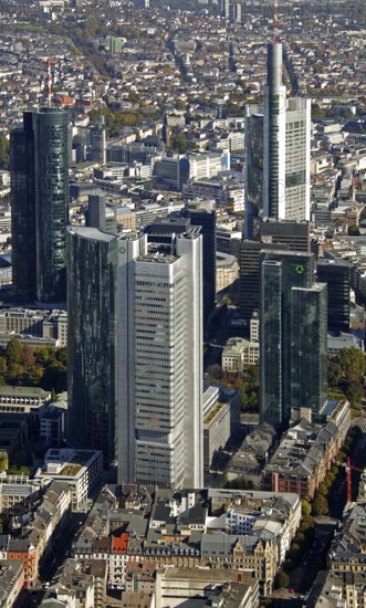 Frankfurt, skyline, skyscrapers, Deutsche Bank, DEU Germany Germany, Europe, aerial view, birds-eyes view, aerial photography, aerial photography, overview, overview, bird's eye view