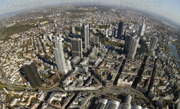 Frankfurt, skyline, skyscrapers, Deutsche Bank, DEU Germany Germany, Europe, aerial view, birds-eyes view, aerial photography, aerial photography, overview, overview, bird's eye view