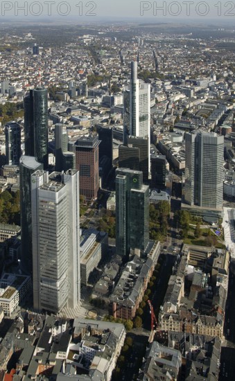 Frankfurt, skyline, skyscrapers, Deutsche Bank, DEU Germany Germany, Europe, aerial view, birds-eyes view, aerial photography, aerial photography, overview, overview, bird's eye view