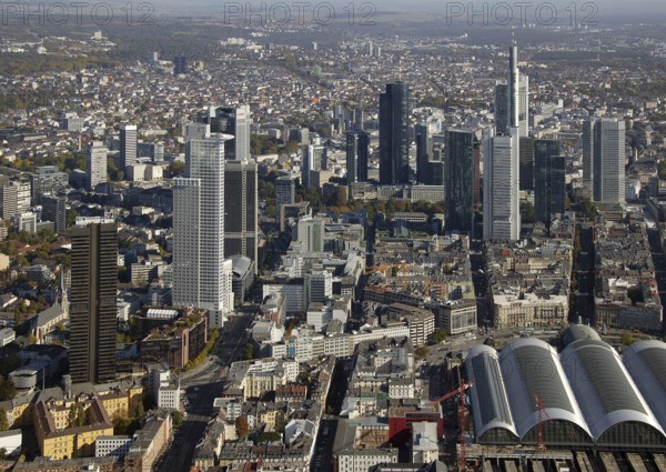 Frankfurt, skyline, skyscrapers, Deutsche Bank, DEU Germany Germany, Europe, aerial view, birds-eyes view, aerial photography, aerial photography, overview, overview, bird's eye view
