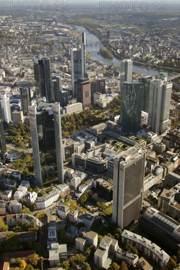 Frankfurt, skyline, skyscrapers, Deutsche Bank, DEU Germany Germany, Europe, aerial view, birds-eyes view, aerial photography, aerial photography, overview, overview, bird's eye view