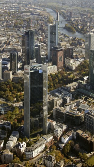 Frankfurt, skyline, skyscrapers, Deutsche Bank, DEU Germany Germany, Europe, aerial view, birds-eyes view, aerial photography, aerial photography, overview, overview, bird's eye view