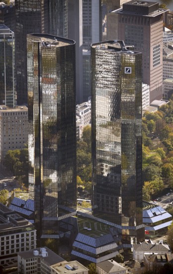 Frankfurt, skyline, skyscrapers, Deutsche Bank, DEU Germany Germany, Europe, aerial view, birds-eyes view, aerial photography, aerial photography, overview, overview, bird's eye view