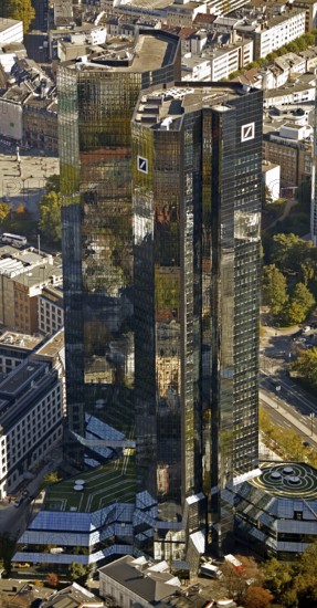 Frankfurt, skyline, skyscrapers, Deutsche Bank, DEU Germany Germany, Europe, aerial view, birds-eyes view, aerial photography, aerial photography, overview, overview, bird's eye view