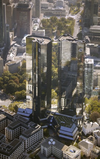 Frankfurt, skyline, skyscrapers, Deutsche Bank, DEU Germany Germany, Europe, aerial view, birds-eyes view, aerial photography, aerial photography, overview, overview, bird's eye view