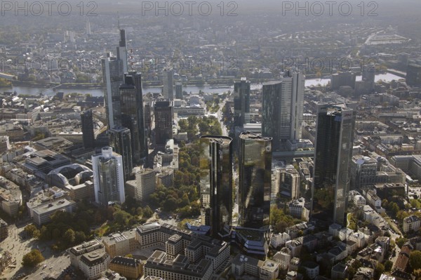 Frankfurt, skyline, skyscrapers, Deutsche Bank, DEU Germany Germany, Europe, aerial view, birds-eyes view, aerial photography, aerial photography, overview, overview, bird's eye view