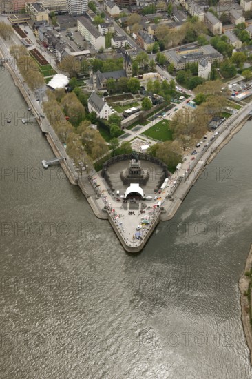Aerial view, Deutsches Eck, Bundesgartenschau 2011 - Koblenz transforms - 15 April to 16 October 2011, Koblenz, Bundesgartenschau 2011, Rhineland-Palatinate, Germany, Europe, birds-eyes view, aerial photography, aerial, aerial photography, overview, overview, bird's eye view, Deutsches Eck Blumenhof Kurfürstliches Schloss Festung Ehrenbreitstein, horticulture, opening, garden show, performance show, gardener, landscape planning, Rhine