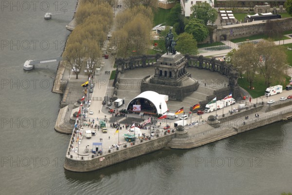 Aerial view, Deutsches Eck, Bundesgartenschau 2011 - Koblenz transforms - 15 April to 16 October 2011, Koblenz, Bundesgartenschau 2011, Rhineland-Palatinate, Germany, Europe, birds-eyes view, aerial photography, aerial, aerial photography, overview, overview, bird's eye view, Deutsches Eck Blumenhof Kurfürstliches Schloss Festung Ehrenbreitstein, horticulture, opening, garden show, performance show, gardener, landscape planning, Rhine