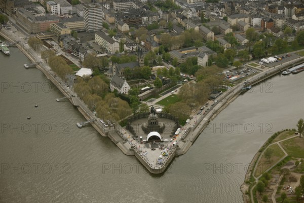Aerial view, Deutsches Eck, Bundesgartenschau 2011 - Koblenz transforms - 15 April to 16 October 2011, Koblenz, Bundesgartenschau 2011, Rhineland-Palatinate, Germany, Europe, birds-eyes view, aerial photography, aerial, aerial photography, overview, overview, bird's eye view, Deutsches Eck Blumenhof Kurfürstliches Schloss Festung Ehrenbreitstein, horticulture, opening, garden show, performance show, gardener, landscape planning, Rhine