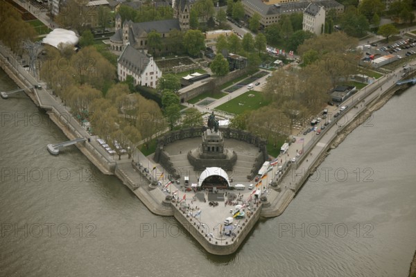 Aerial view, Deutsches Eck, Bundesgartenschau 2011 - Koblenz transforms - 15 April to 16 October 2011, Koblenz, Bundesgartenschau 2011, Rhineland-Palatinate, Germany, Europe, birds-eyes view, aerial photography, aerial, aerial photography, overview, overview, bird's eye view, Deutsches Eck Blumenhof Kurfürstliches Schloss Festung Ehrenbreitstein, horticulture, opening, garden show, performance show, gardener, landscape planning, Rhine