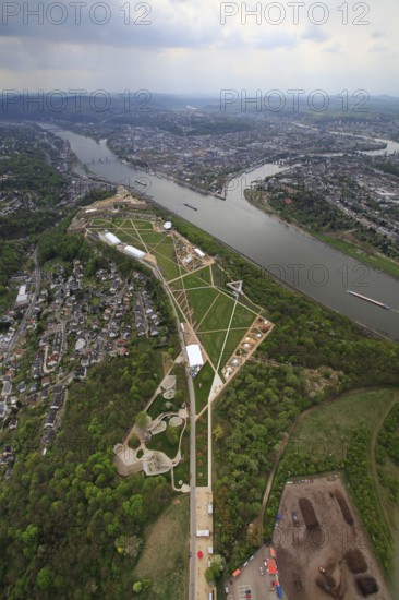 Aerial view, Ehrenbreitstein Fortress, Federal Garden Show 2011 - Koblenz Transforms - 15 April to 16 October 2011, Koblenz, Federal Garden Show 2011, Rhineland-Palatinate, Germany, Europe, birds-eyes view, aerial photography, aerial, aerial photography, overview, overview, bird's-eye view, Deutsches Eck Blumenhof Kurfürstliches Schloss Ehrenbreitstein Fortress, horticulture, opening, garden show, performance show, gardener, landscape planning, Rhine